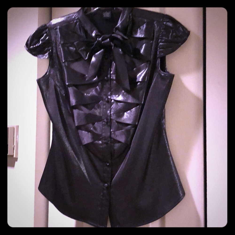 BCBG black metallic tie bow blouse top XS